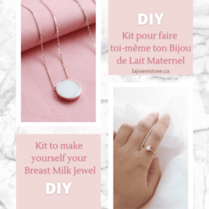 Kit DIY pour bijoux en lait maternel, présenté avec un pendentif et une bague.