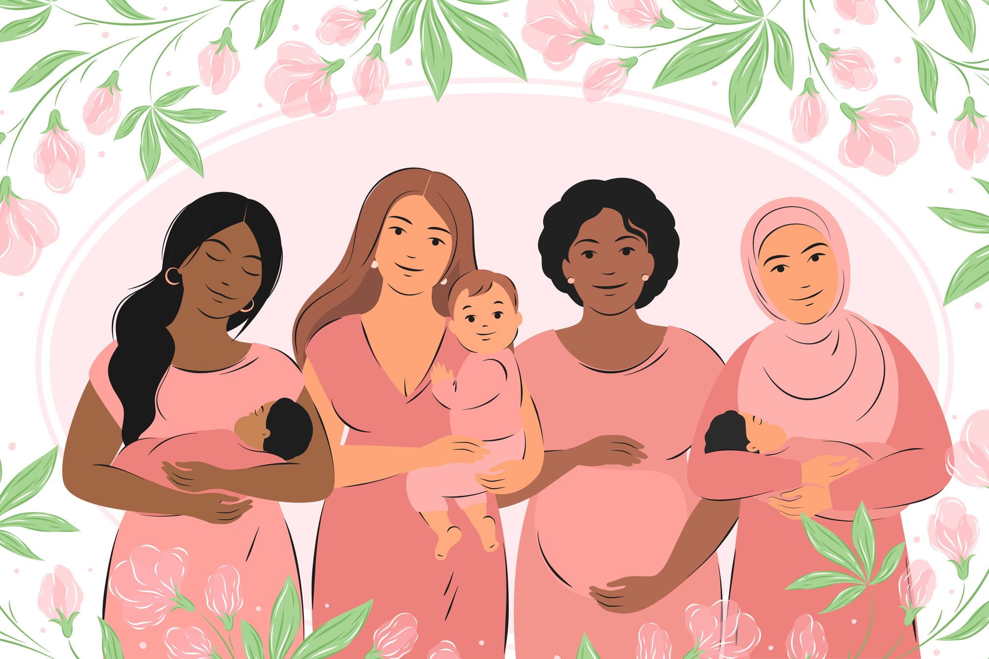 Illustration d’un groupe de femmes enceintes et avec enfants. Semaine mondiale de l'allaitement maternel.