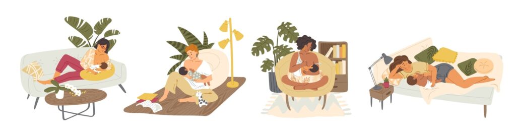 Une série de petite illustration de mamans avec leurs bébés dans différentes positions d'allaitement.