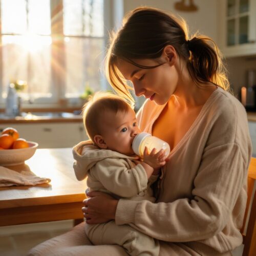 Une maman donne le biberon à son bébé, dans une transition de l'allaitement vers le sevrage.