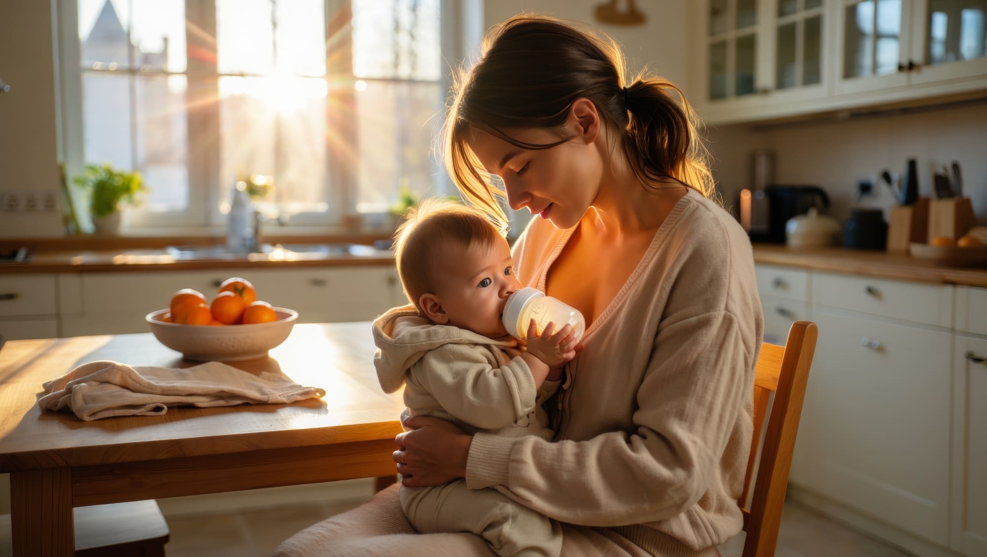 Une maman donne le biberon à son bébé, dans une transition de l'allaitement vers le sevrage.