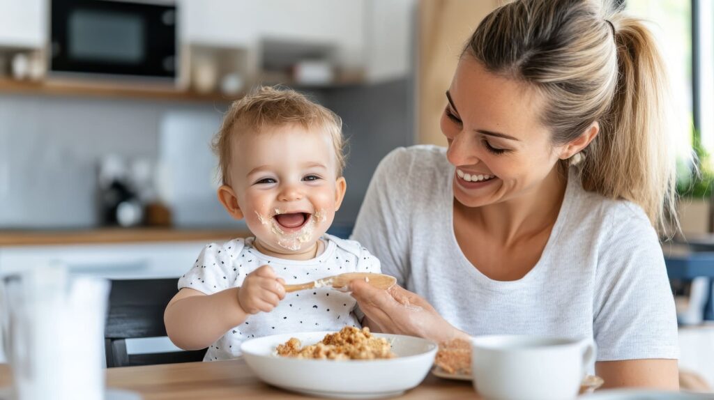 Un bébé souriant mange un repas solide aux cotés de sa maman, illustrant l'étape du sevrage après l'allaitement.