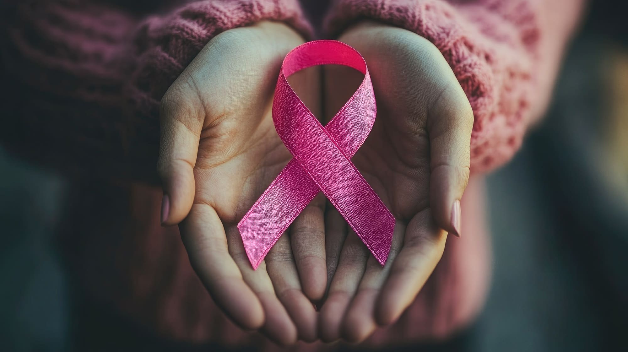 Ruban rose dans les mains d'une jeune femme en soutien au cancer du sein