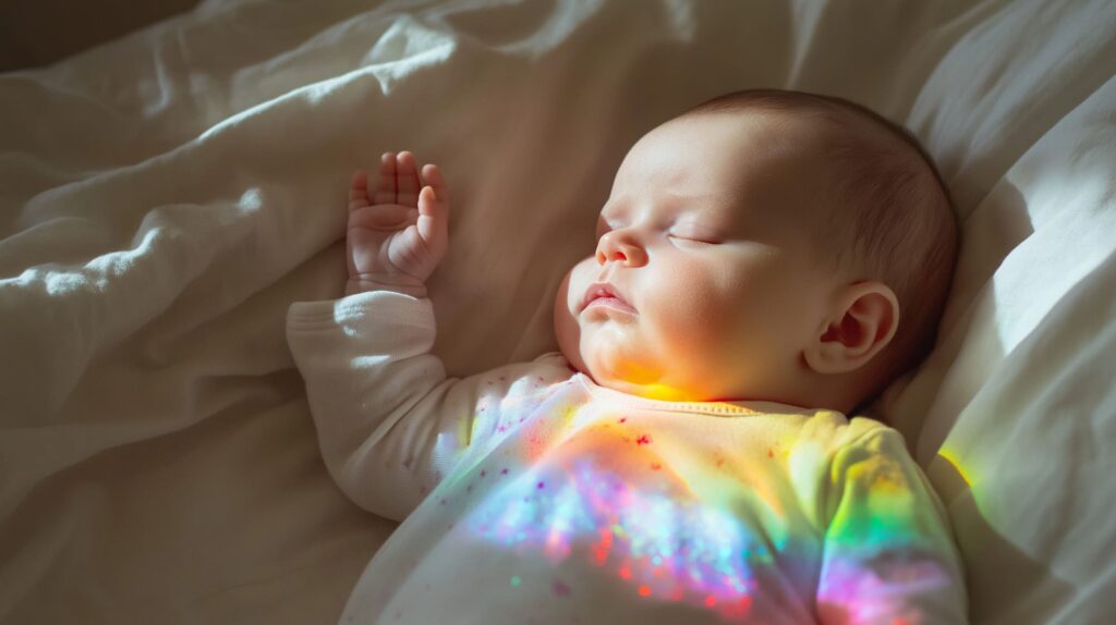 Bébé arc-en-ciel endormi baigné de lumière colorée, symbole d’espoir, de renaissance et d’amour après une perte périnatale