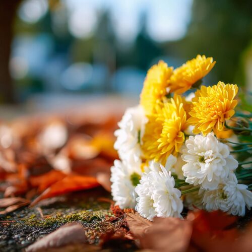 Fleurs commémoratives posées sur des feuilles d’automne pour illustrer les traditions de deuil dans différentes cultures