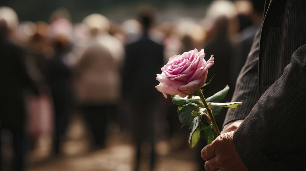 Personne tenant une rose rose lors d’une cérémonie funéraire et d’un rituel de deuil traditionnel