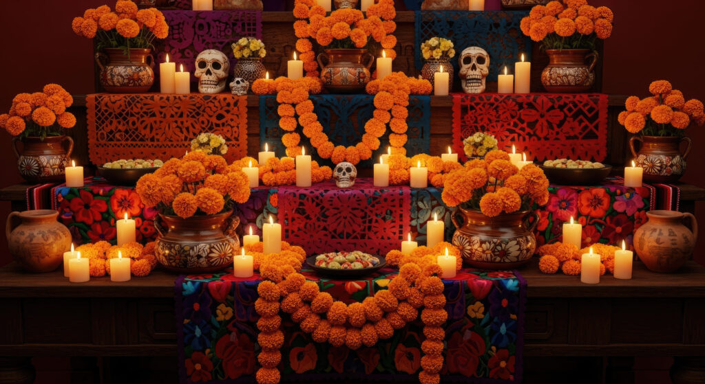 Autel du Jour des morts décoré de fleurs orange, bougies et crânes traditionnels dans un rituel de deuil mexicain