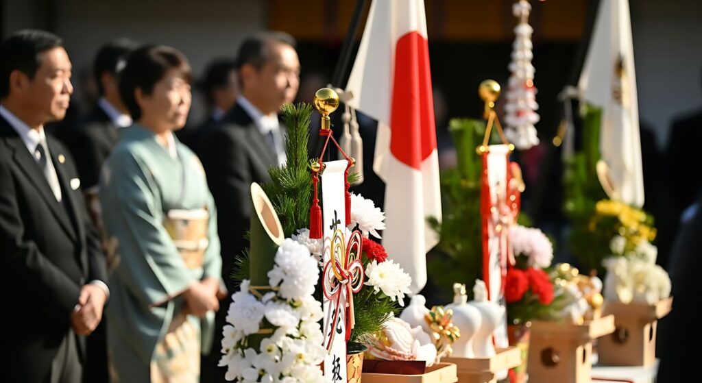 Cérémonie funéraire japonaise avec décorations traditionnelles et fleurs blanches lors d’un rituel de deuil