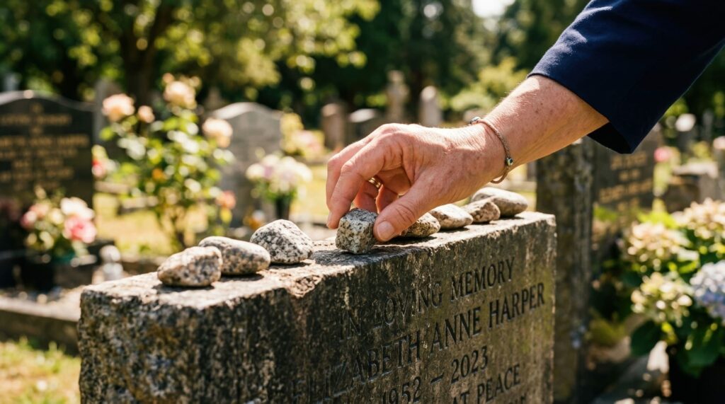 Main déposant des pierres sur une tombe lors d’un rituel de deuil et de souvenir au cimetière